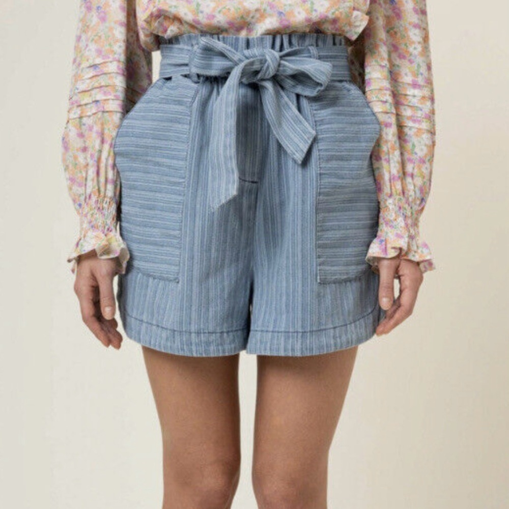 FRNCH Blue Striped Sylvia Paper Bag High-Waist Shorts With Tie Waist NWT